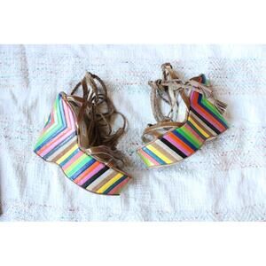 Jimmy Choo Rainbow Striped Pearl Platform Suede Leather Strappy Wedges Size 36